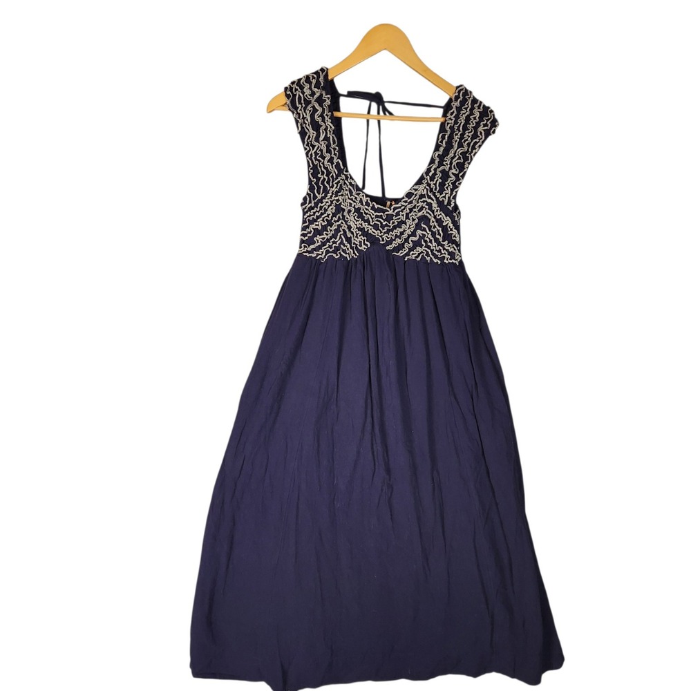 Free People Feel The Frill Midi Dress Medium Navy Blue Embroidered Smocked Boho